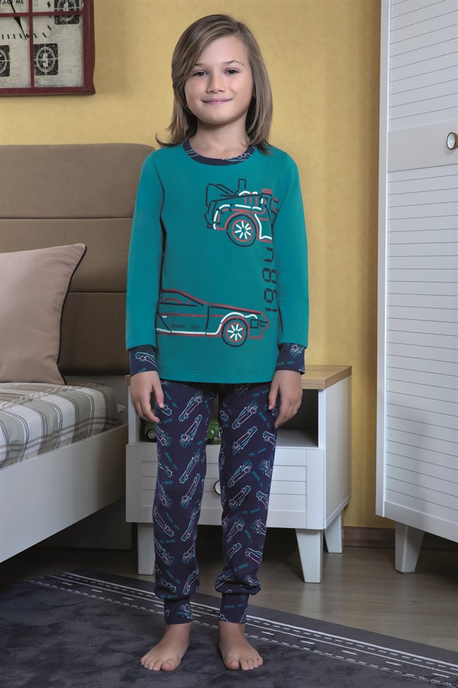 Baykar Erkek Çocuk Araba Baskılı Pijama Takımı 9753 Yeşil