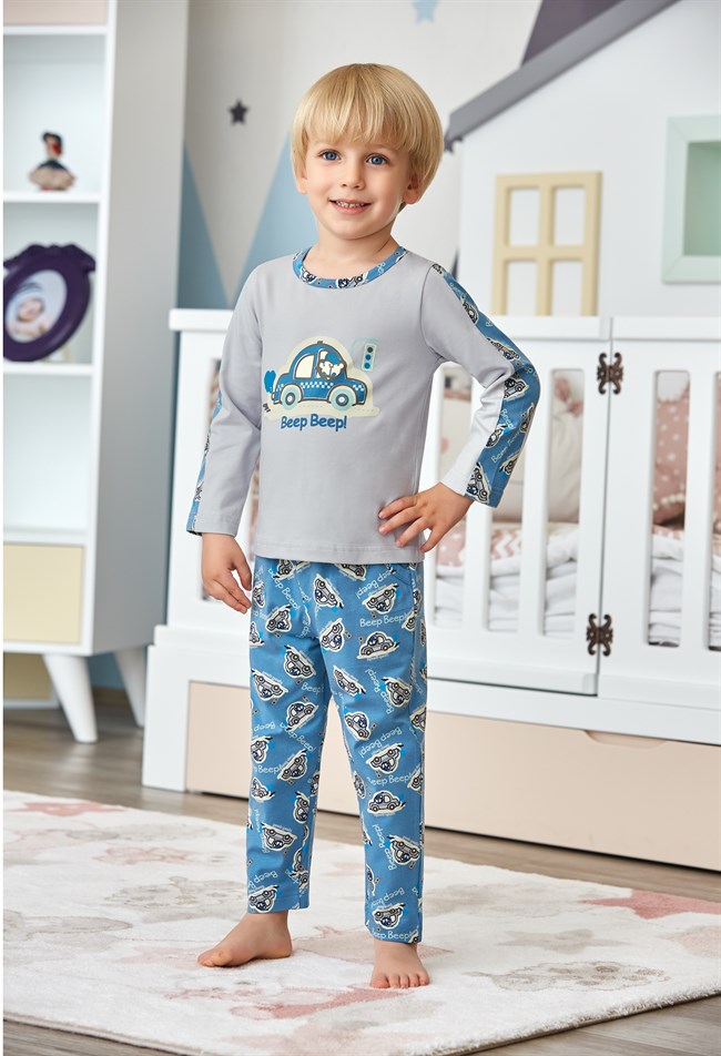 Baykar Erkek Çocuk Araba Temalı Pijama Takımı 9701 Gri Melanj