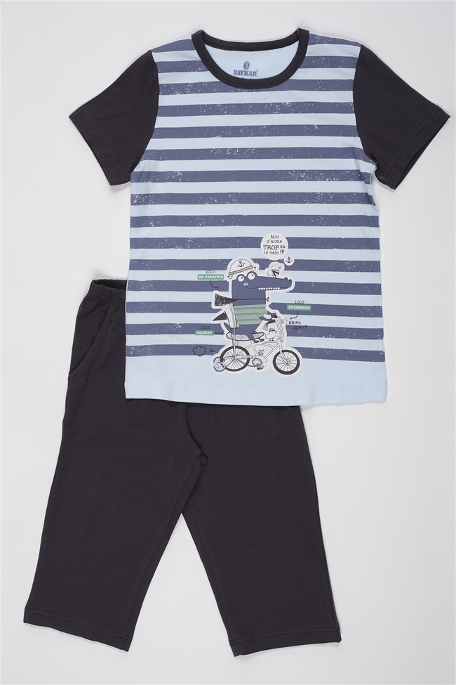 Baykar Erkek Çocuk Çizgili Kaprili Pijama Takımı 9738 Mavi