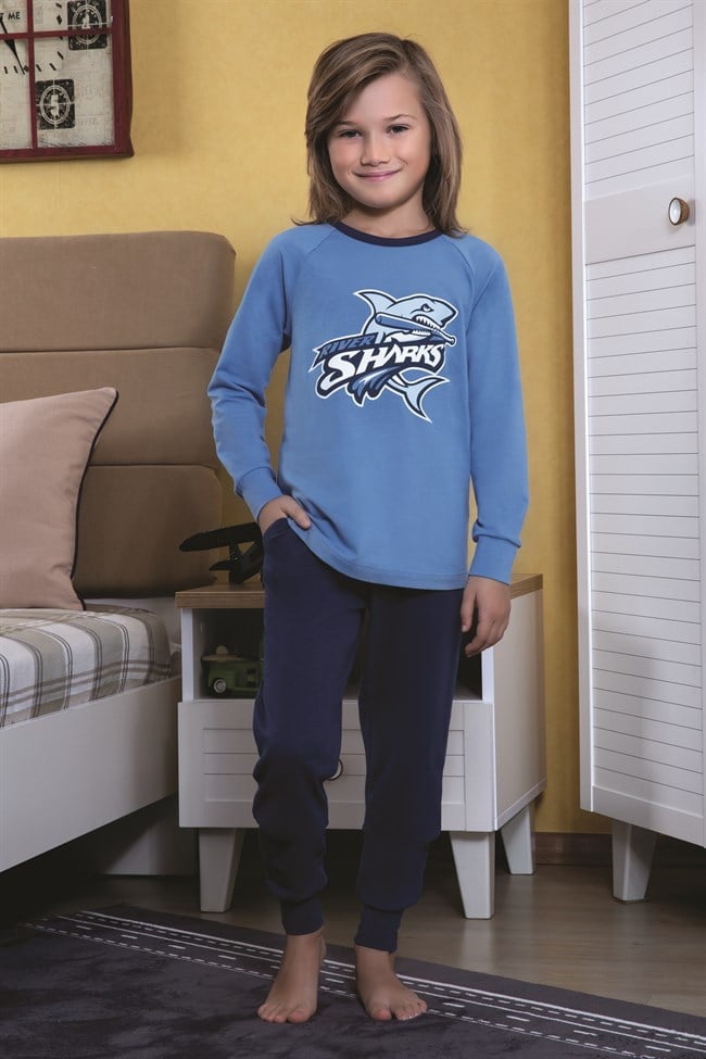 Baykar Erkek Çocuk Köpek Balığı Baskılı Pijama Takımı 9754 Mavi