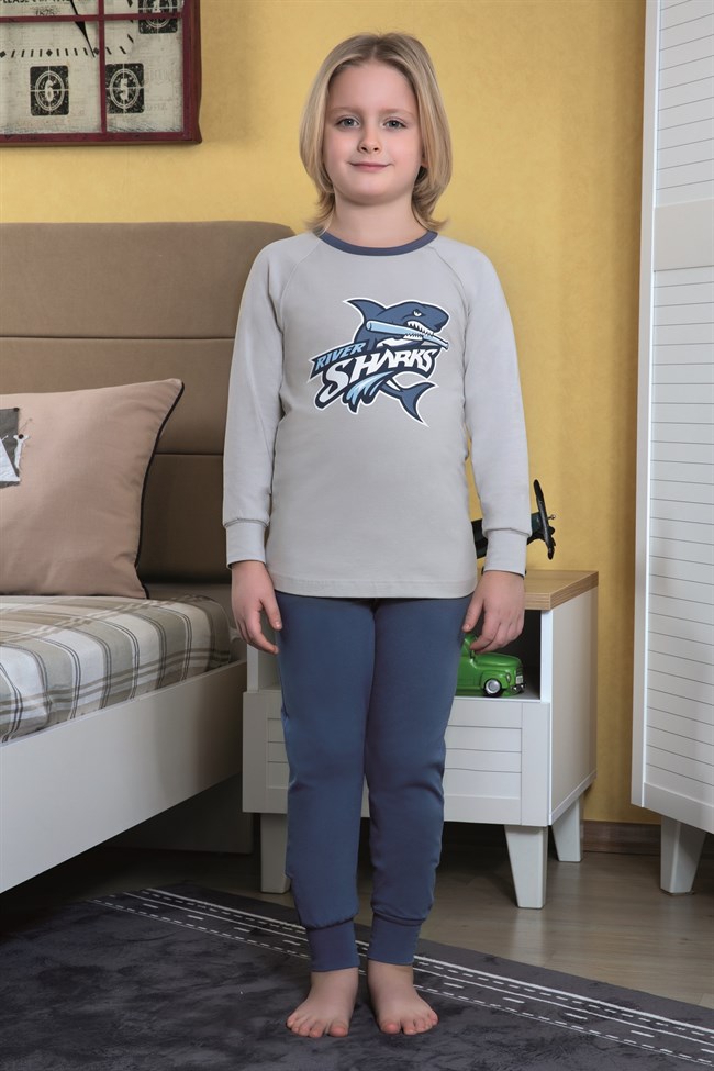 Baykar Erkek Çocuk Köpek Balığı Baskılı Pijama Takımı 9754 Krem