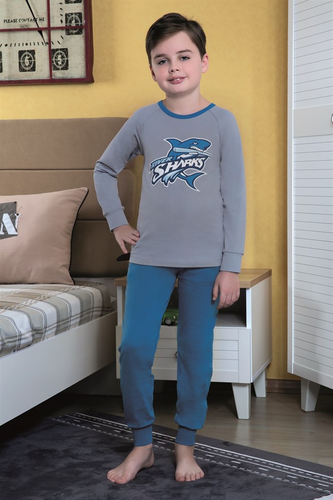 Baykar Erkek Çocuk Köpek Balığı Baskılı Pijama Takımı 9754 Gri Melanj