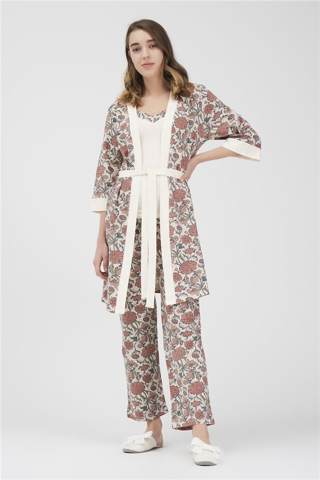 Baykar Kadın Çiçek Desenli Üçlü Pijama Takımı 9908 Krem