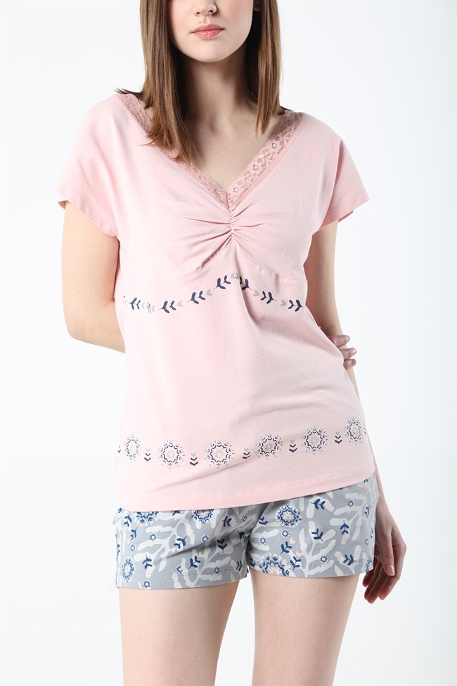 Baykar Kadın Desenli Şortlu Pijama Takımı 9558 Pembe