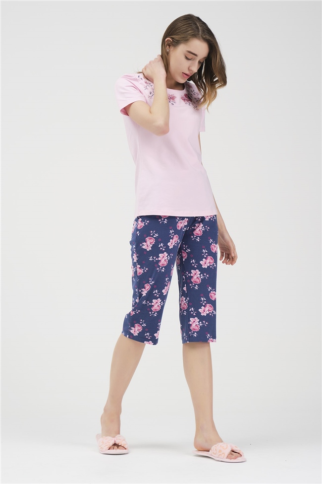 Baykar Kadın Kısa Kollu Çiçekli Pijama Takımı 9914 Pembe