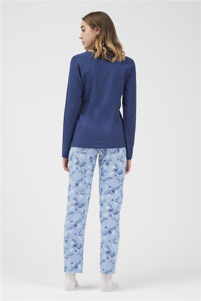 Baykar Kadın Uzun Kollu Çiçekli Pijama Takımı 9913 Mavi