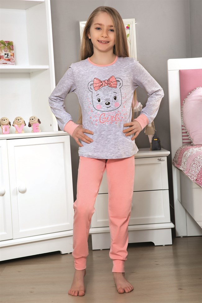 Baykar Kız Çocuk Ayı Baskılı Uzun Kollu Pijama Takımı Boyalı Gri