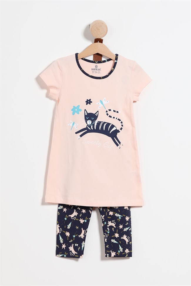 Baykar Kız Çocuk Desenli Taytlı Pijama Takımı 9278 Somon