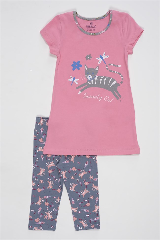Baykar Kız Çocuk Desenli Taytlı Pijama Takımı 9278 Çizgi Pembe