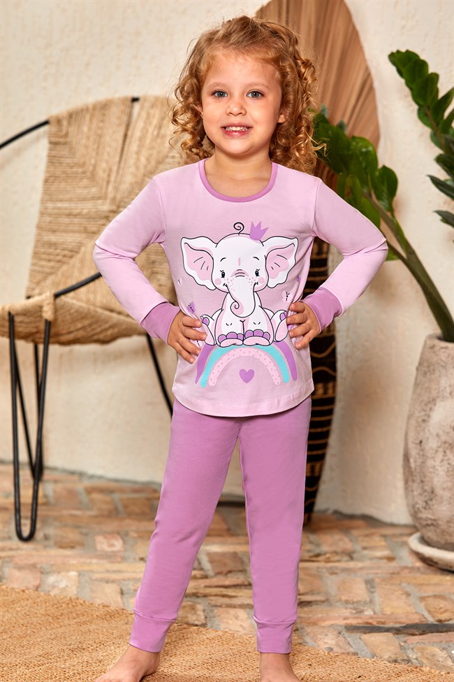 Baykar Kız Çocuk / Fil Baskılı Uzun Kollu Pijama Takımı 9129 Lila