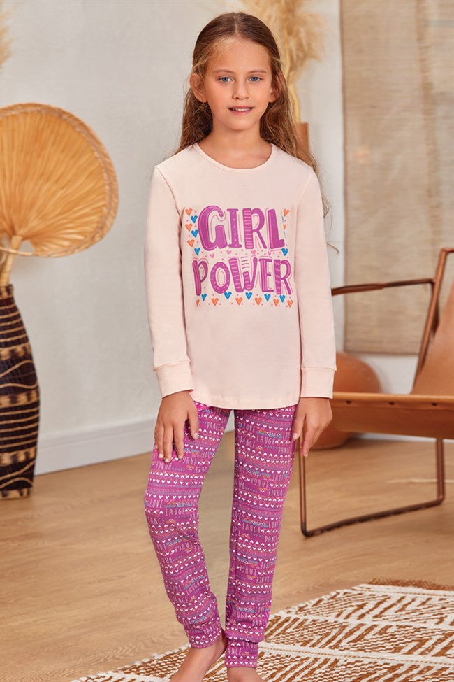 Baykar Kız Çocuk / Girl Power Uzun Kollu Pijama Takımı 9143 Toz Pembe