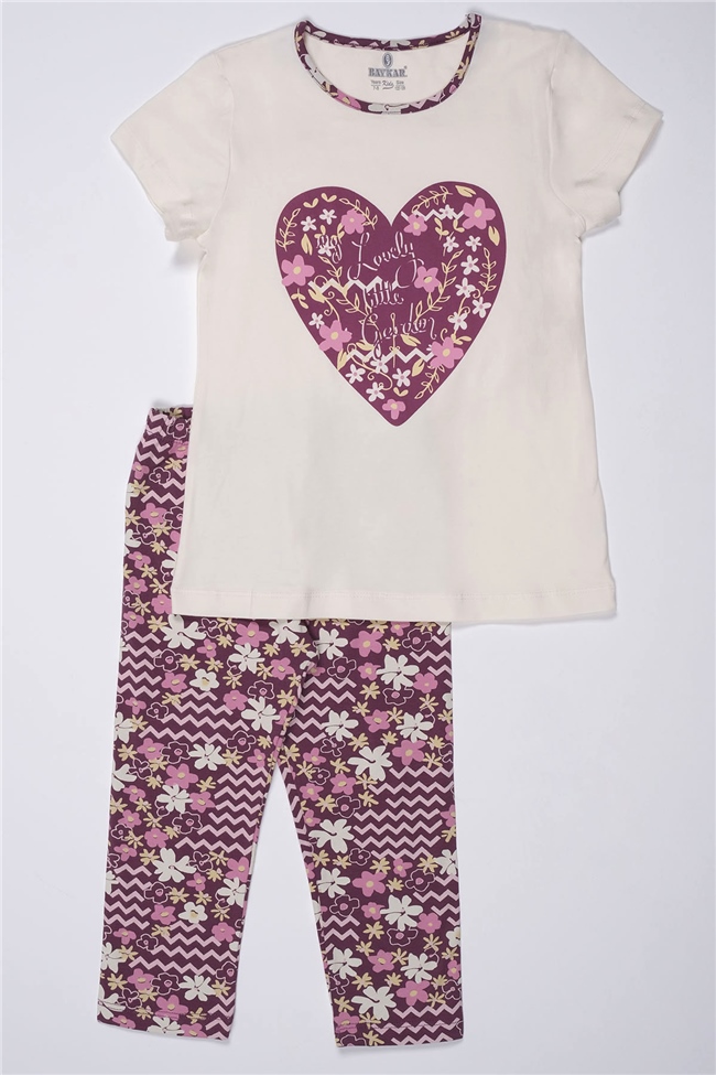 Baykar Kız Çocuk Kalp Baskılı Kaprili Pijama Takımı 9286 Beyaz