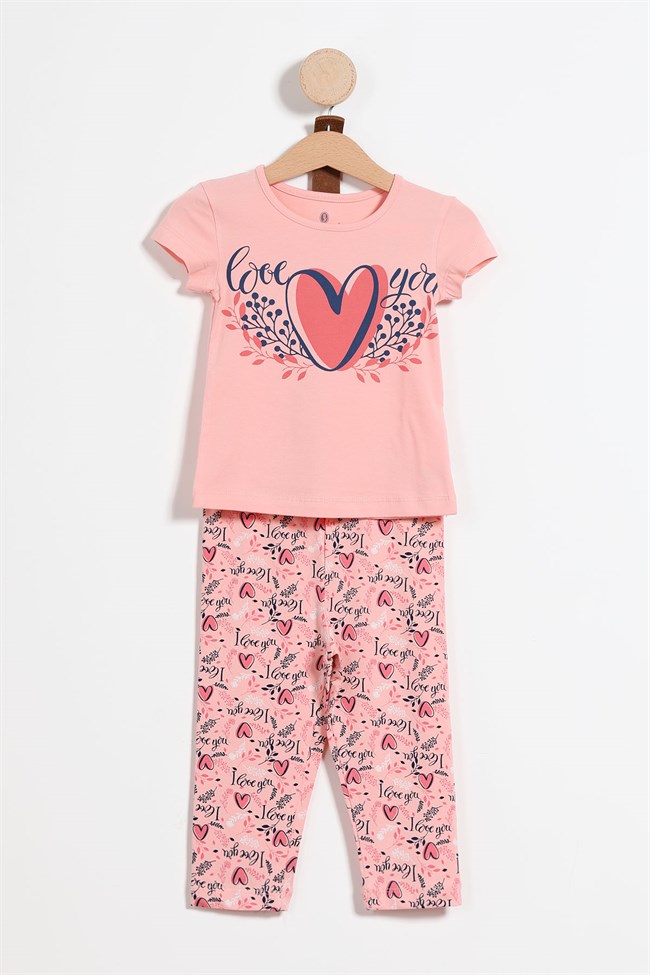 Baykar Kız Çocuk Kalp Baskılı Kısa Kollu Pijama Takımı 9108 Somon