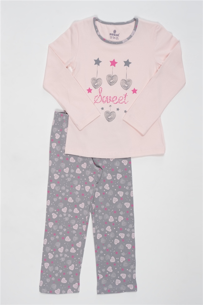 Baykar Kız Çocuk Kalp Baskılı Pijama Takımı 9255 Pembe