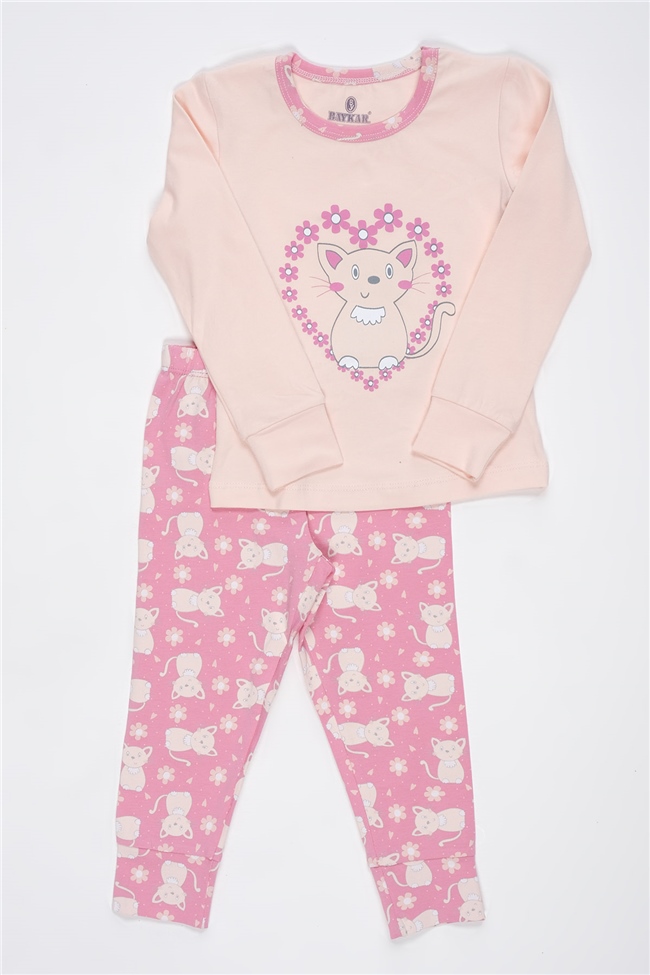 Baykar Kız Çocuk Kalp Baskılı Pijama Takımı 9240 Açık Pembe