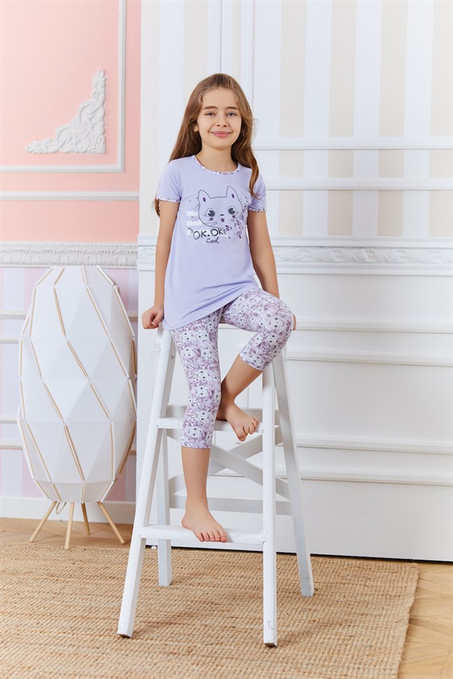 Baykar Kız Çocuk Kedi Baskılı Pijama Takımı 9272 Lila