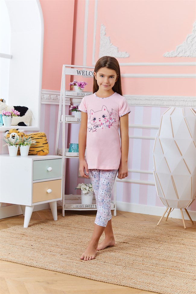 Baykar Kız Çocuk Kedi Baskılı Pijama Takımı 9272 Pembe