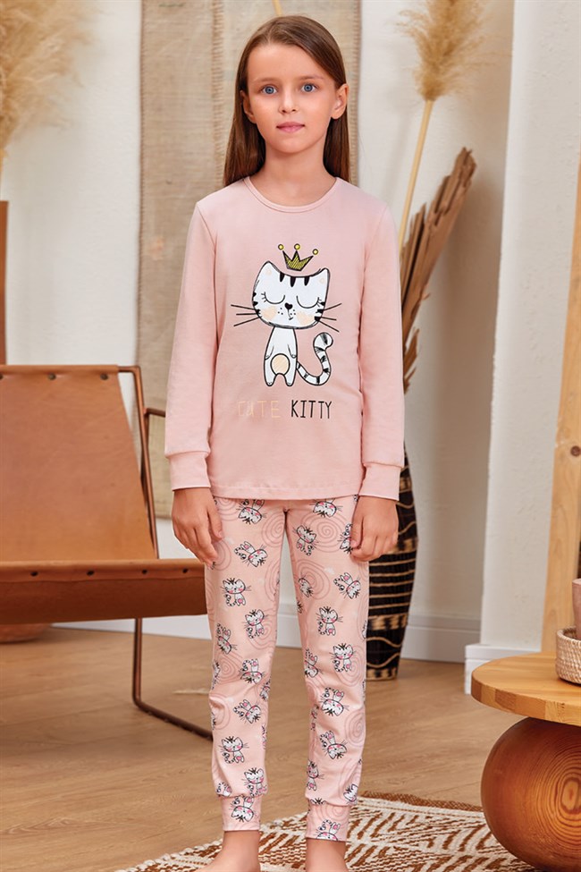 Baykar Kız Çocuk / Kitty Uzun Kollu Pijama Takımı 9138 Koyu Somon