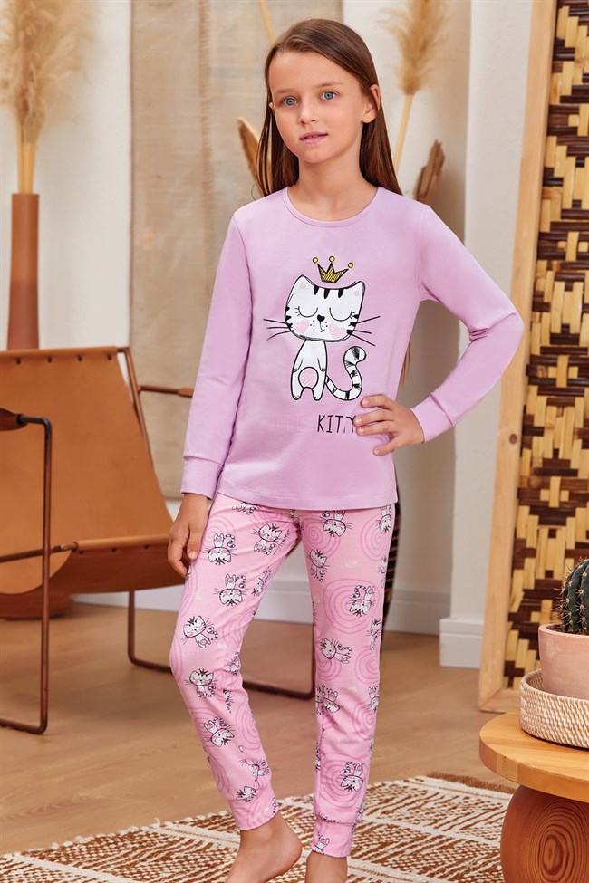 Baykar Kız Çocuk / Kitty Uzun Kollu Pijama Takımı 9138 Mürdüm