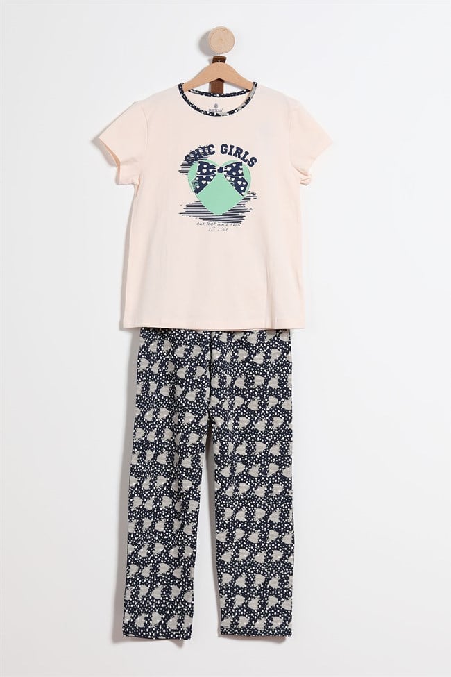 Baykar Kız Çocuk Kurdela Detaylı Pijama Takımı 9289 Somon