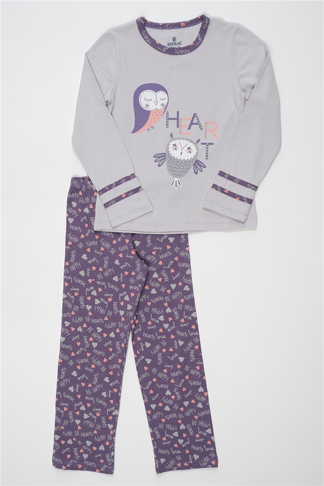 Baykar Kız Çocuk Kuş Baskılı Pijama Takımı 9259 Gri Melanj