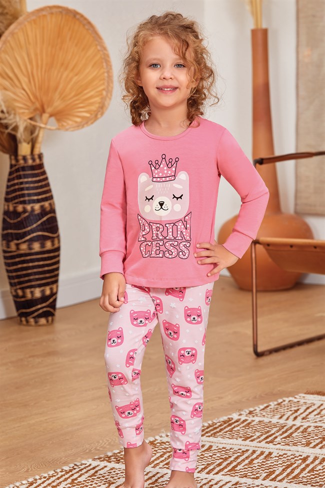 Baykar Kız Çocuk / Prenses Uzun Kollu Pijama Takımı 9135 Koyu Pembe
