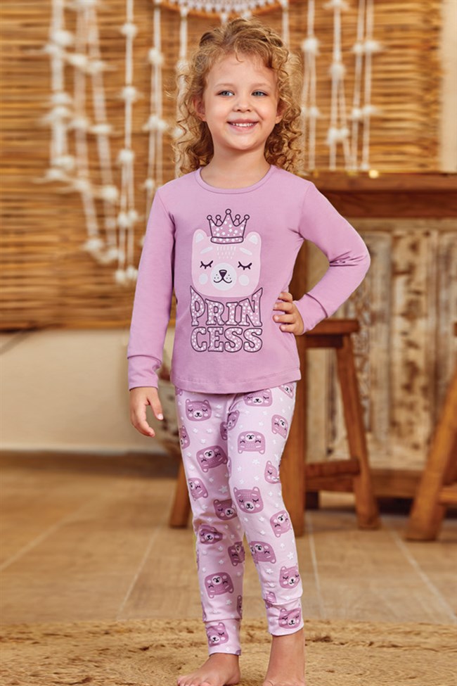 Baykar Kız Çocuk / Prenses Uzun Kollu Pijama Takımı 9135 Lila