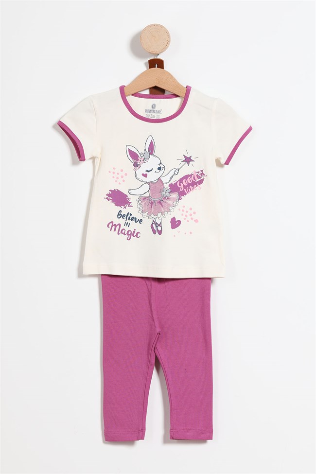 Baykar Kız Çocuk Tavşan Baskılı Kısa Kollu Pijama Takımı 9266 Krem