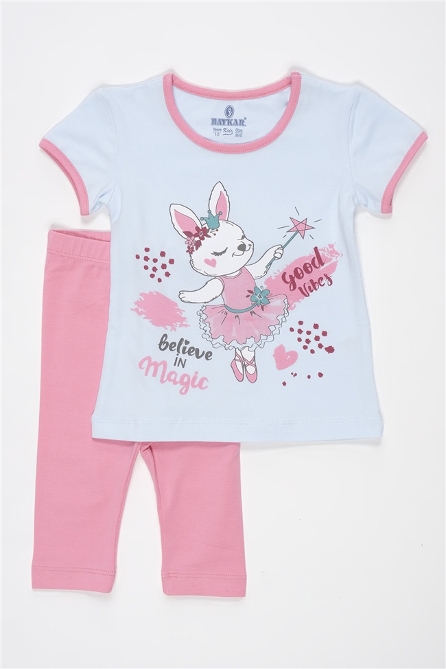 Baykar Kız Çocuk Tavşan Baskılı Kısa Kollu Pijama Takımı 9266 Mavi