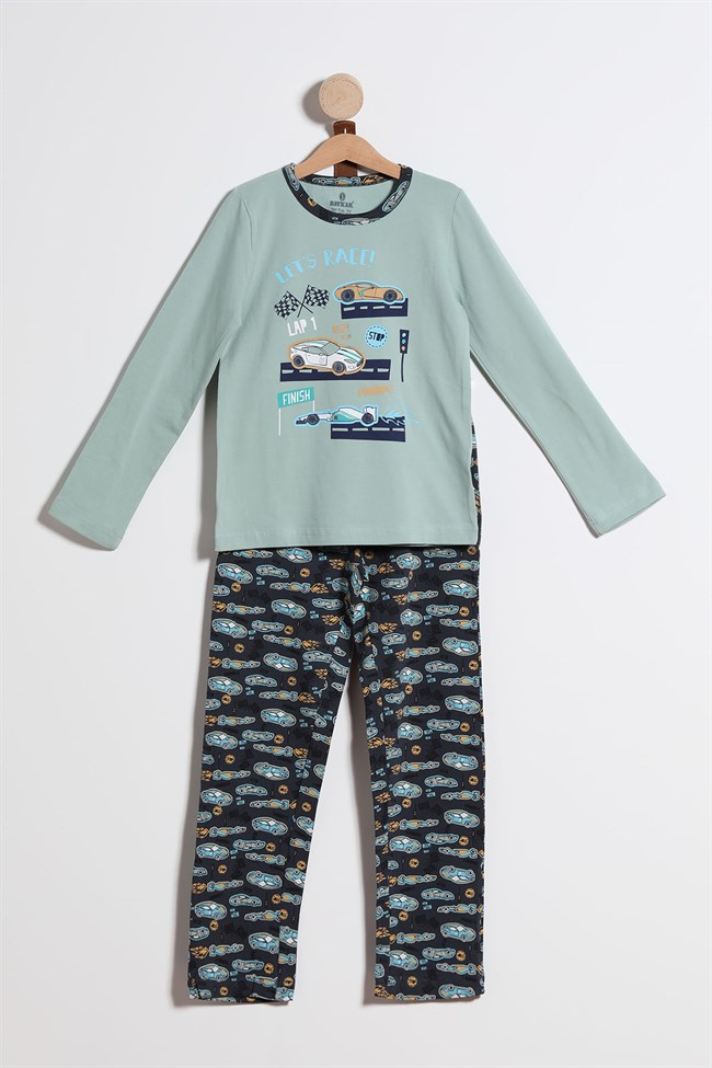 Baykar Erkek Çocuk Araba Baskılı Pijama Takımı 9717 Açık Yeşil