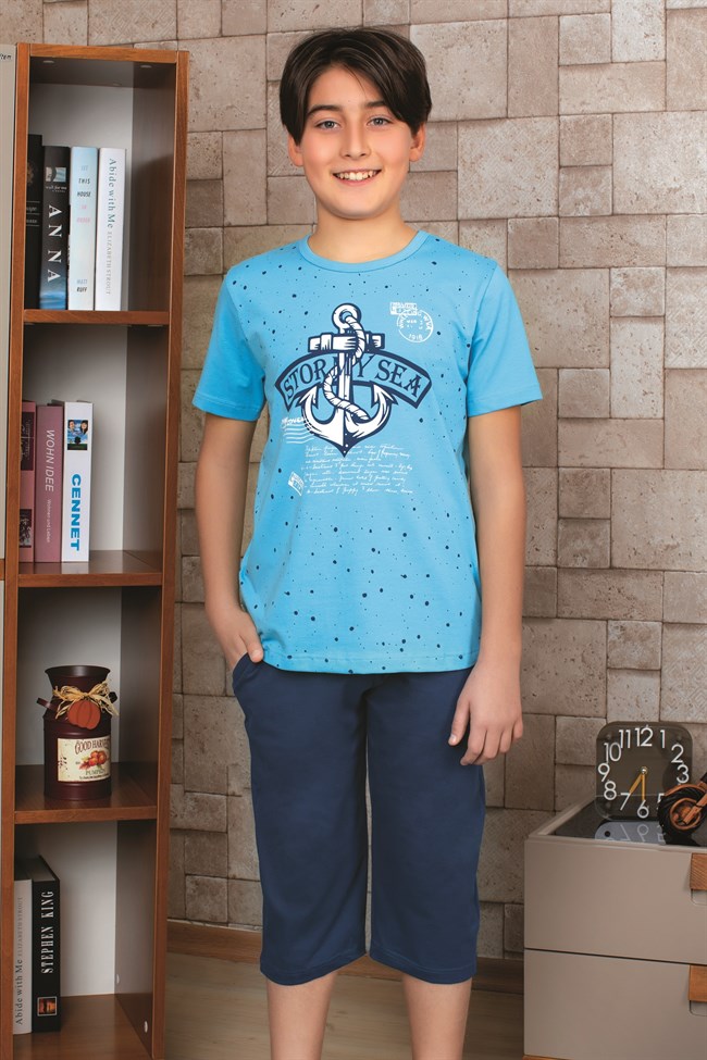 Baykar Erkek Çocuk Büyük Çapa Baskılı Pijama Takımı 9772 Koyu Mavi