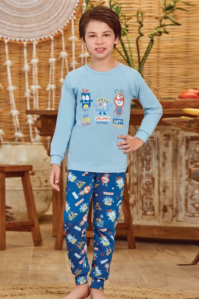 Baykar Erkek Çocuk Cool Monster Pijama Takımı 9785 Açık Mavi