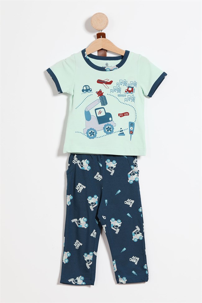 Baykar Erkek Çocuk Dozer Baskılı Pijama Takımı 9728 Açık Yeşil