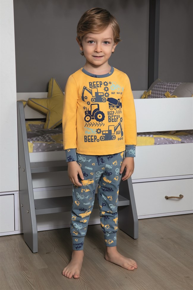 Baykar Erkek Çocuk Kepçe Makine Baskılı Pijama Takımı 9746 Gri Melanj