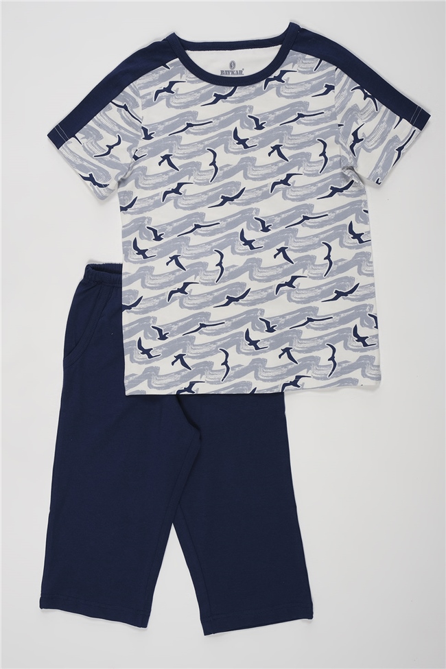Baykar Erkek Çocuk Kuş Motifli Kaprili Pijama Takımı 9743 Lacivert