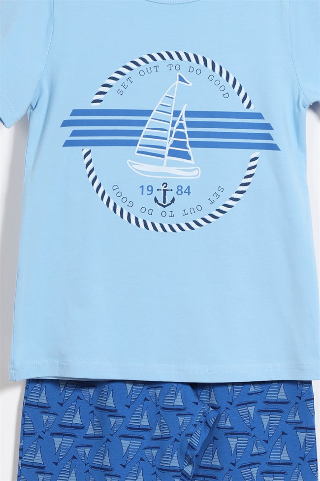 Baykar Erkek Çocuk Tekne Baskılı Kaprili Pijama Takımı 9767 Mavi