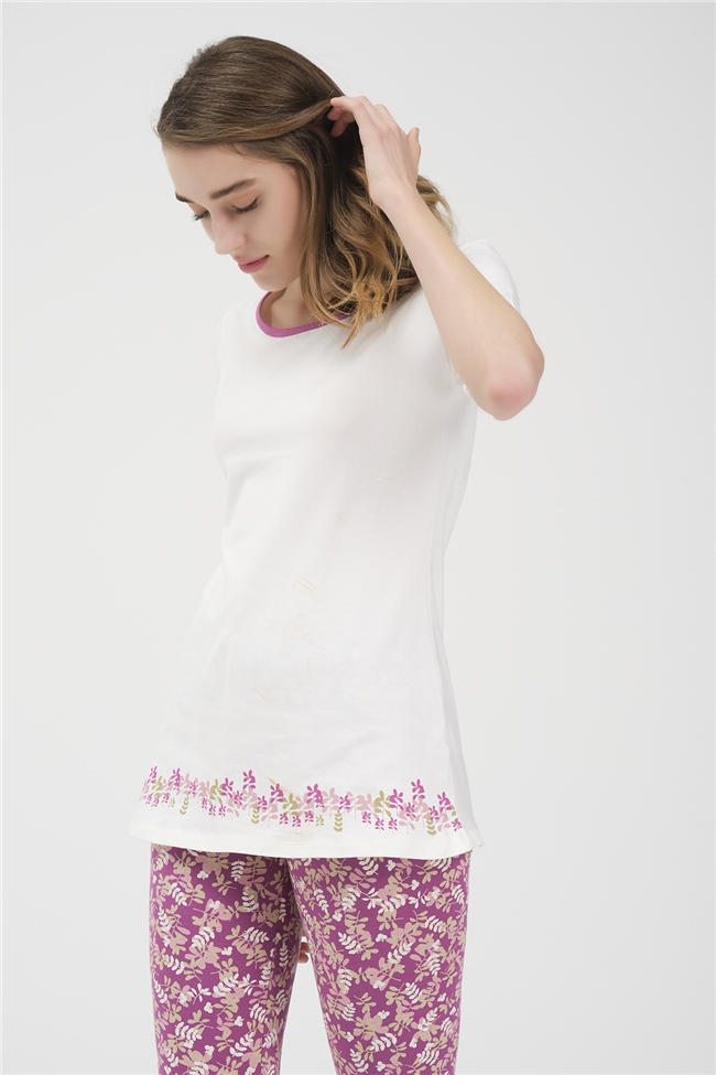 Baykar Kadın Çiçek Desenli Kaprili Pijama Takımı 9418 Beyaz