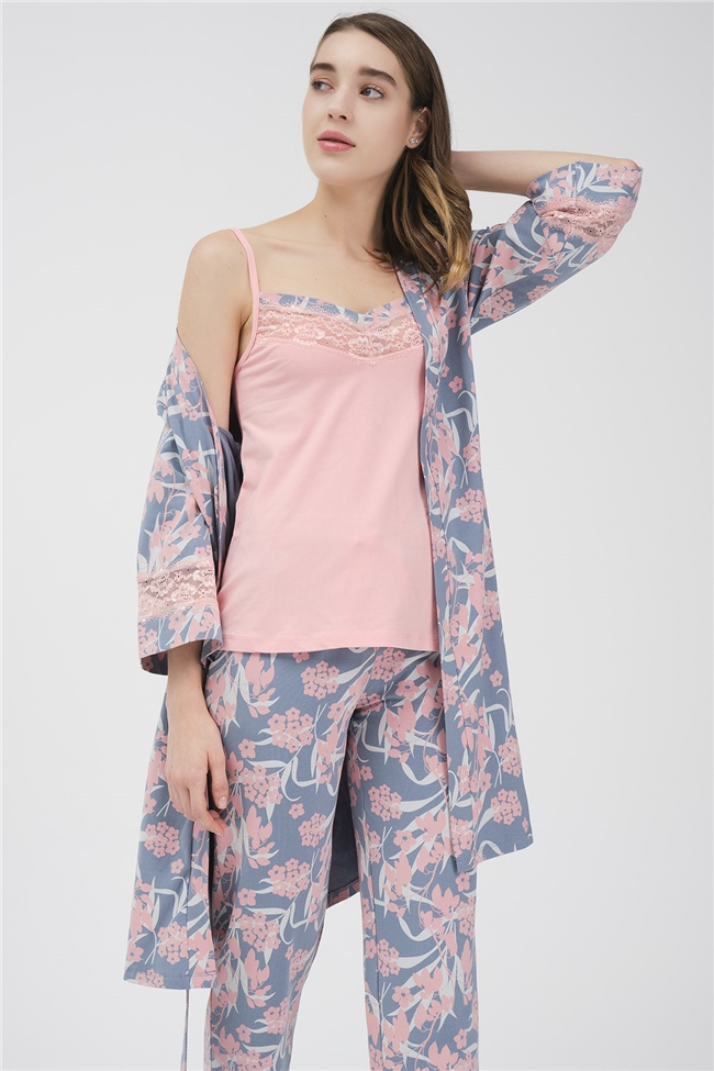 Baykar Kadın Çiçekli Üçlü Pijama Takımı 9440 Mavi