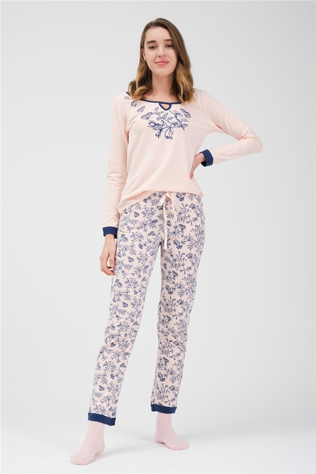 Baykar Kadın Kelebek Desenli Pijama Takımı 9580 Somon