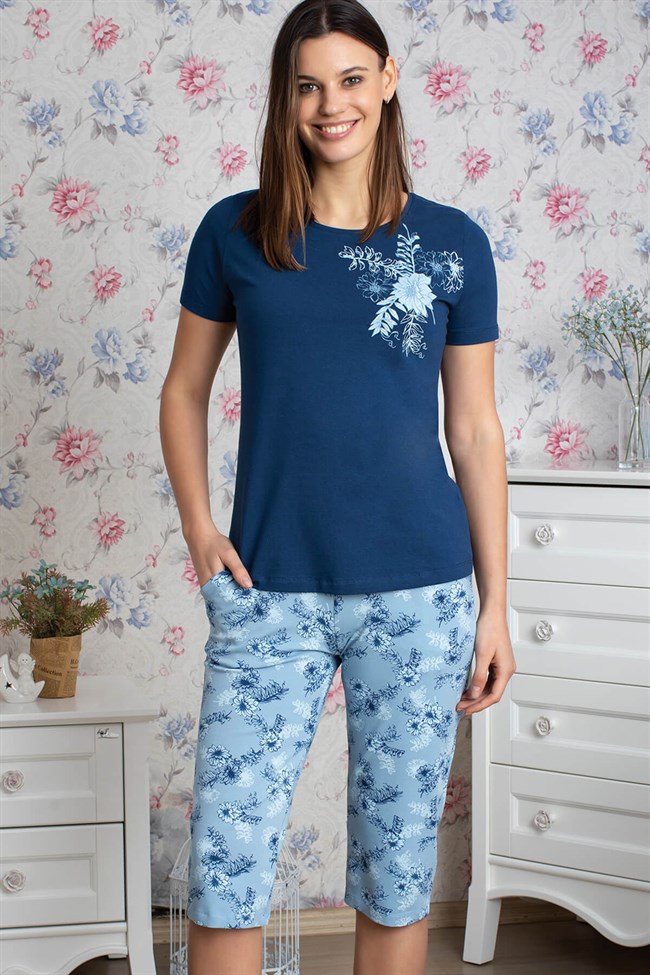 Baykar Kadın Kısa Kollu Çiçekli Kaprili Pijama Takımı 9912 Mavi