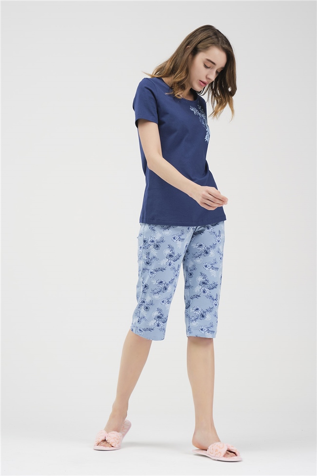 Baykar Kadın Kısa Kollu Çiçekli Pijama Takımı 9912 Mavi