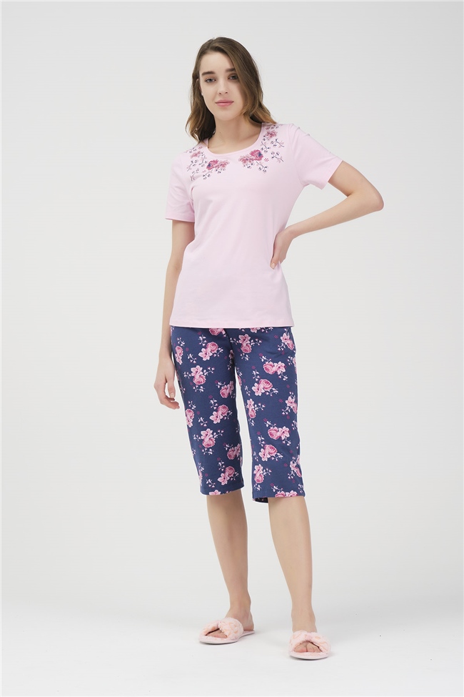 Baykar Kadın Kısa Kollu Çiçekli Pijama Takımı 9914 Pembe