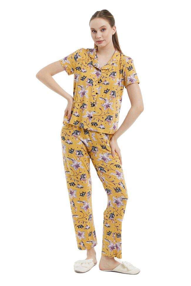 Baykar Kadın Kısa Kollu Maskulen Pijama Takımı Figlio 9948 Sarı