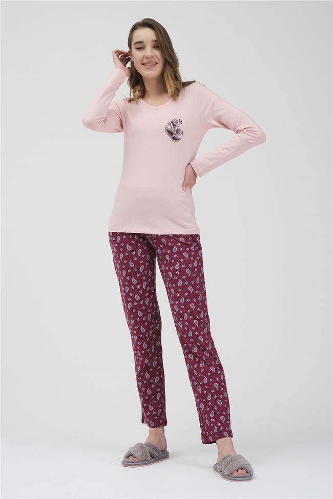 Baykar Kadın Uzun Kollu Çiçekli Pijama Takımı 9917 Pembe