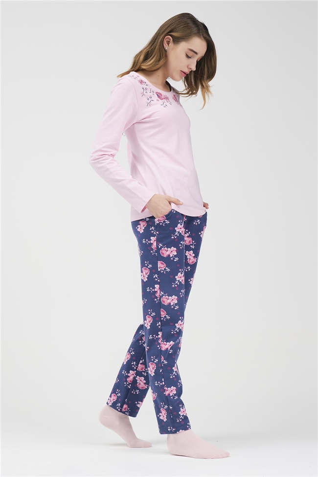 Baykar Kadın Uzun Kollu Çiçekli Pijama Takımı 9915 Pembe