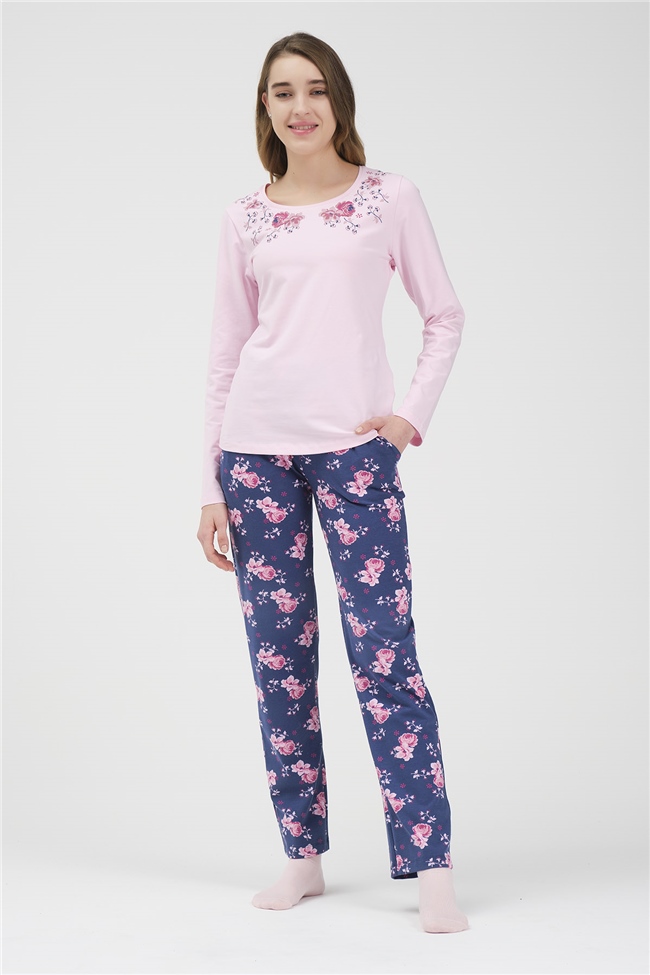 Baykar Kadın Uzun Kollu Çiçekli Pijama Takımı 9915 Pembe