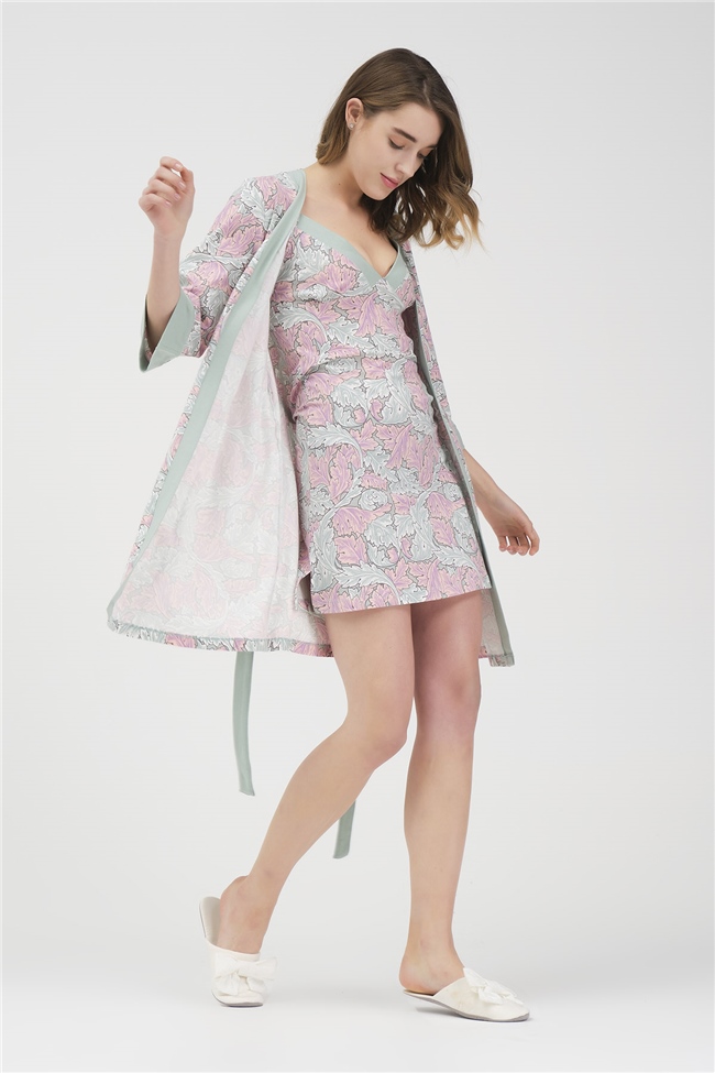 Baykar Kadın Yaprak Desenli İkili Pijama Takımı 9471 Açık Yeşil
