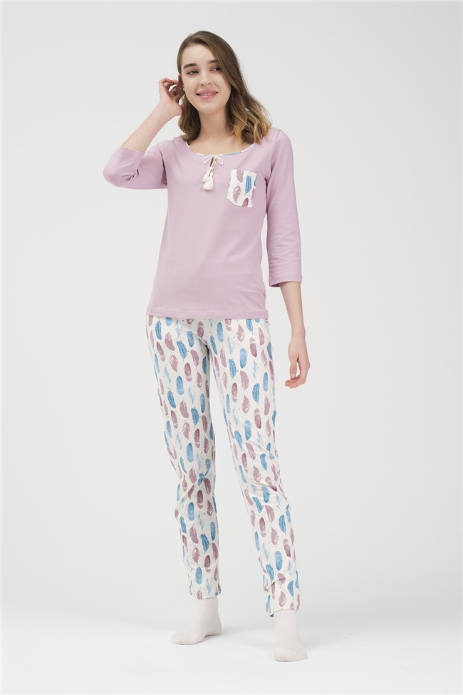 Baykar Kadın Yaprak Desenli Pijama Takımı 9433 Pembe