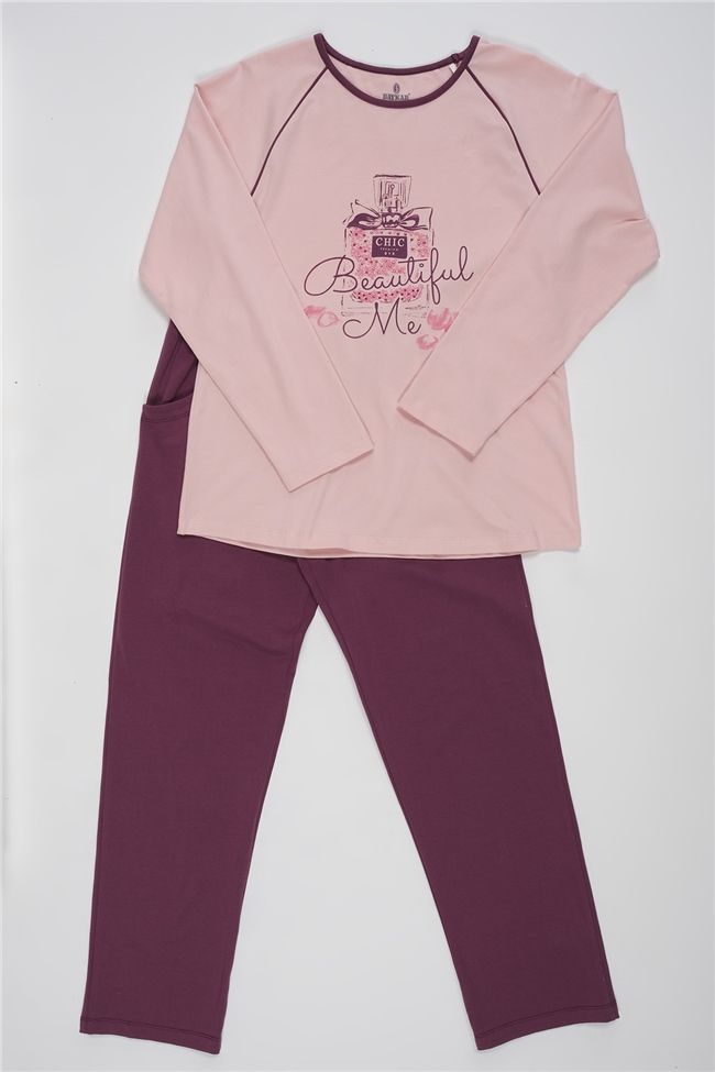 Baykar Kız Çocuk  Uzun Kollu Baskılı Pijama Takımı 9101 Somon