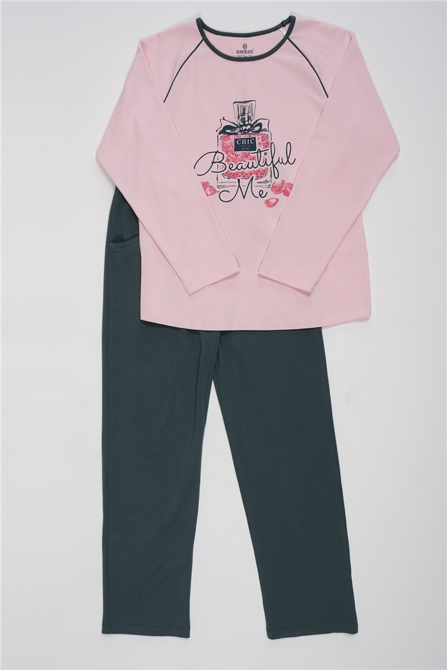 Baykar Kız Çocuk  Uzun Kollu Baskılı Pijama Takımı 9101 Açık Pembe
